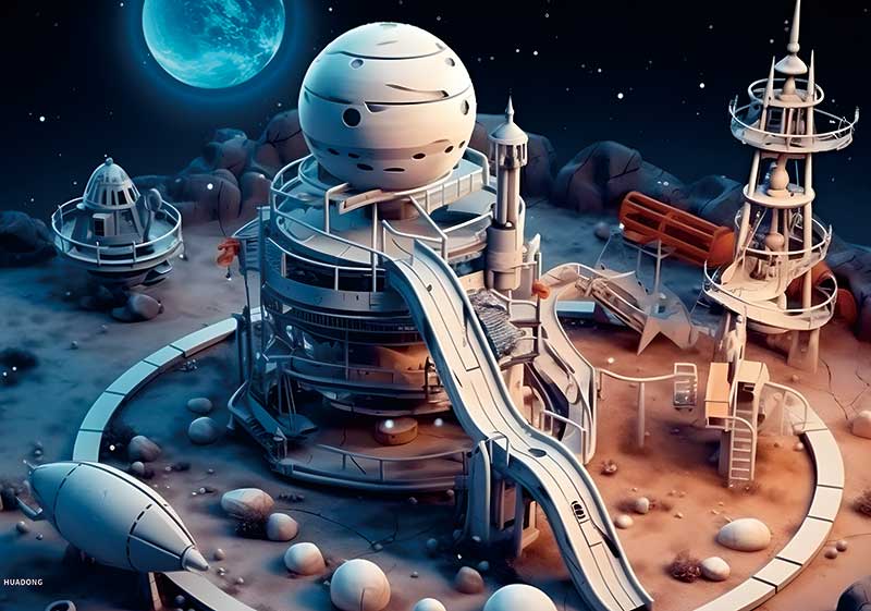 3D-Rendered Planet Themed Amusement Park